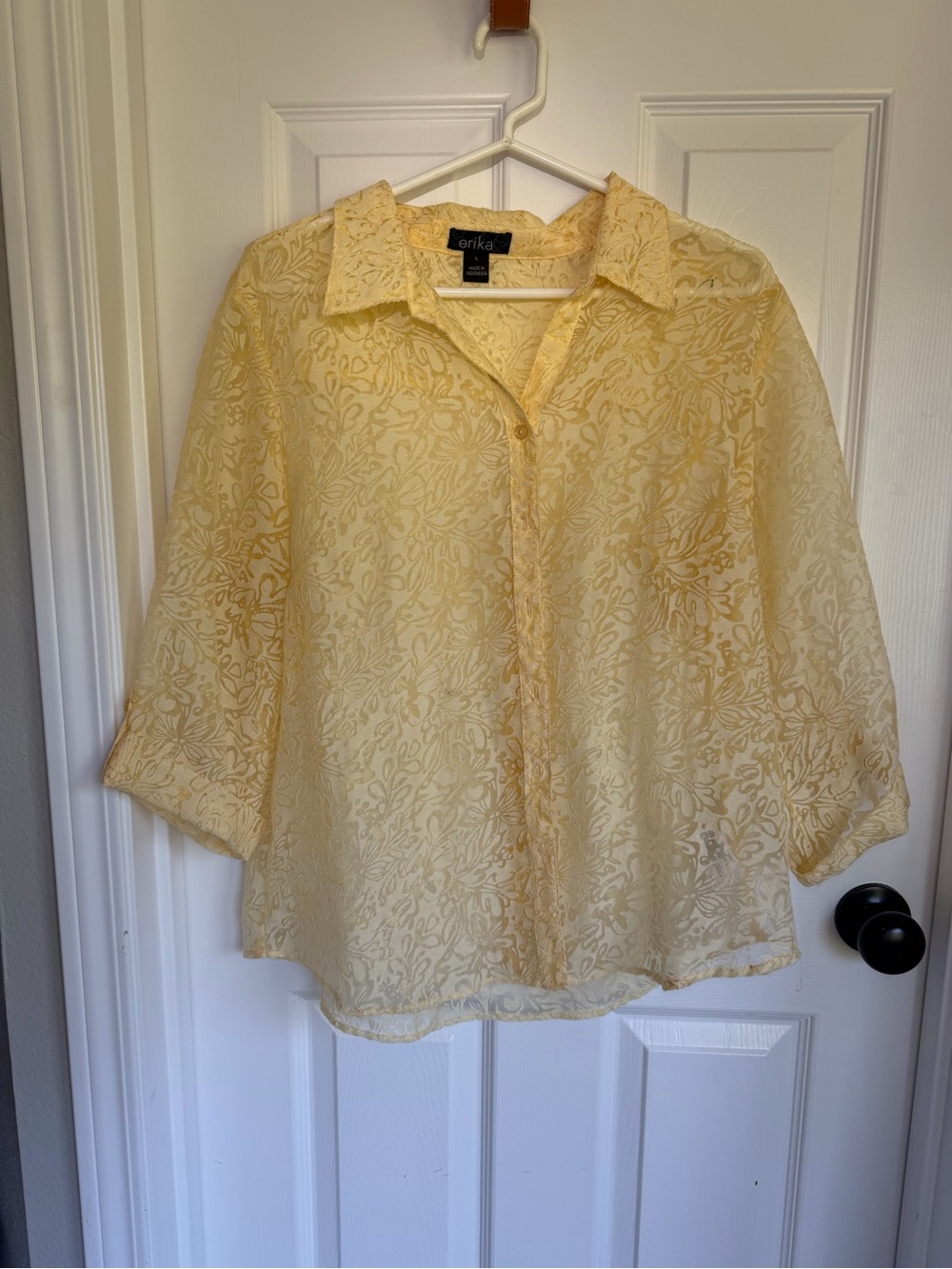 Erika Pale Yellow Sheer Button-Front Lace-Pattern Blouse